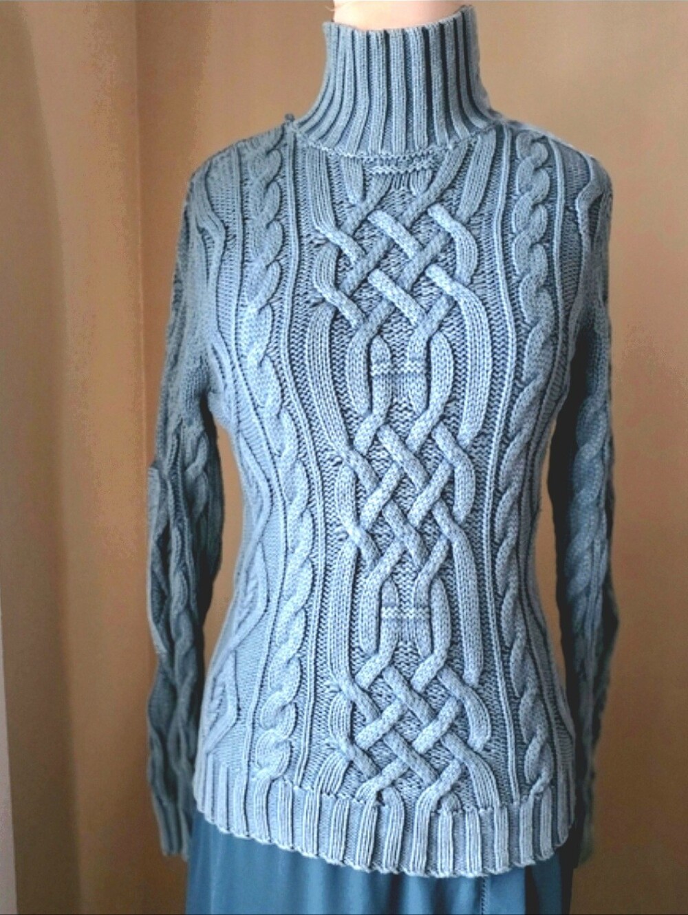 100% Cotton Cable Knit Turtleneck Sweater Blue Chunky‎ Fisherman Ruff Hewn Small